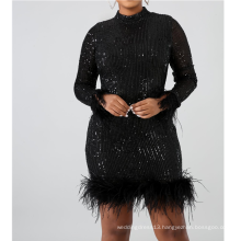 Sexy Tight Puff Sleeve Feather Gatsby Sparkle Sequined Lady Club Dress